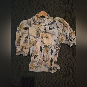 Tahari Floral Puff Sleeve High Neck Blouse S